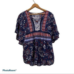 BLL New York Boho Floral Flutter Sleeve Tassle Tie peasant top‎